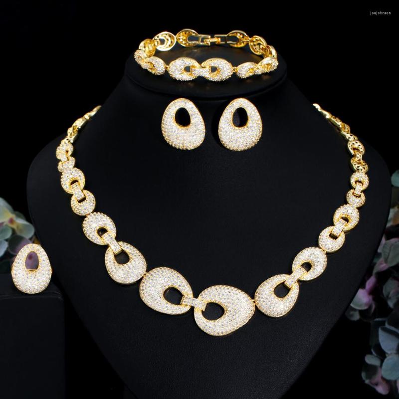 

Necklace Earrings Set BeaQueen Luxury Big Dubai Gold Plated Jewelry 4pcs For Women Shiny Cubic Zircon High Quality Wedding JS359, Picture shown