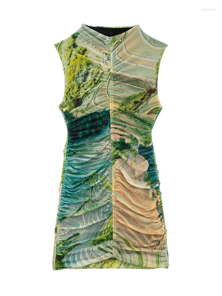 

Casual Dresses YENKYE 2023 Women Vintage Print Stand Collar Mesh Tank Dress Sexy Sleeveless Pleated Package Hips Mini Party Robe Bodycon, Picture shown
