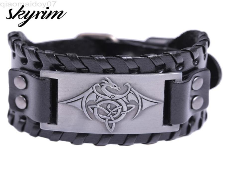 

Skyrim Viking Dragon Amulet Metal Crafts Vintage Bracelets Men Wristbands Nordic National Totem Leather Band L2208128338882