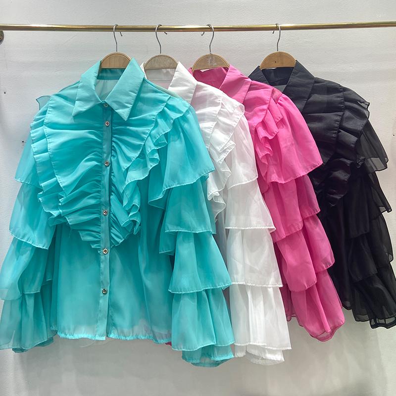 

Women's Blouses Korean Blouse Women Sweet Irregular Layered Ruffles Organza Shirt 2023 Luxury Design Fashion Single Breasted Tops, Blue