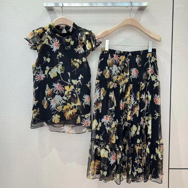 

Women' T Shirts Women' Silk Print Set Sleeveless O-neck Shirt Tops High Waist Midi Skirt