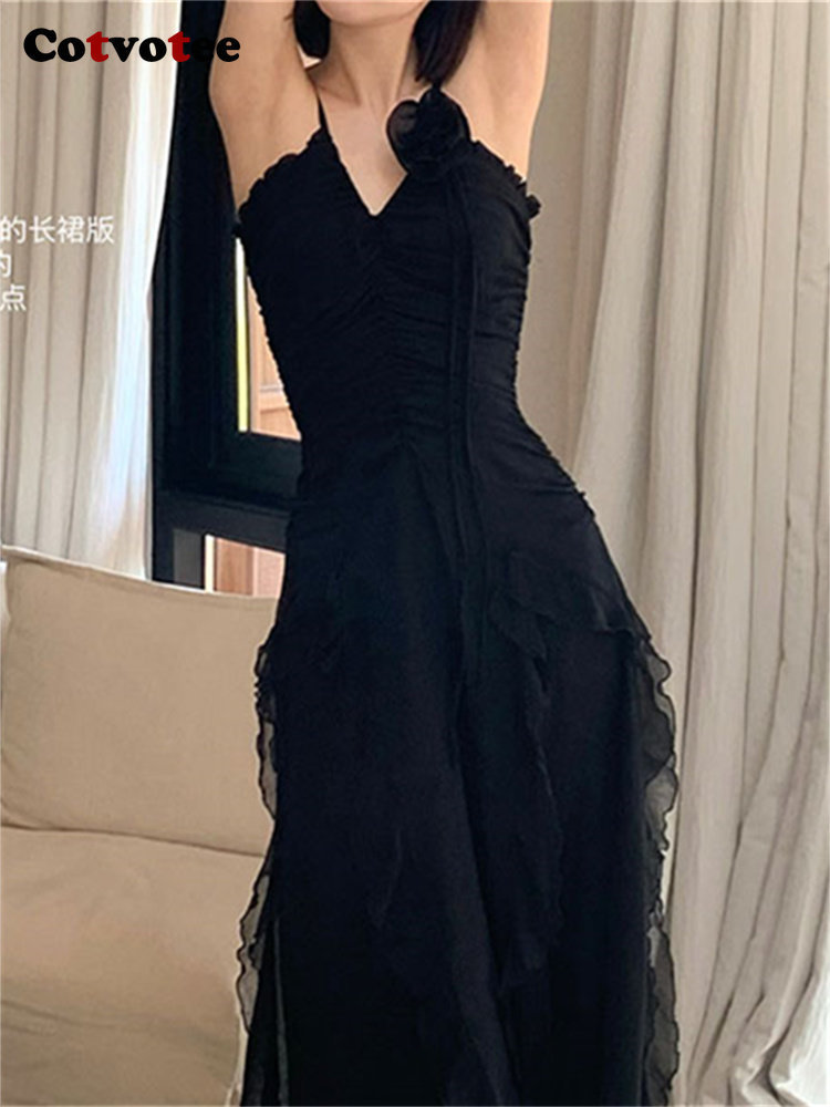 

Casual Dresses Cotvotee Black Midi for Women 2023 Fashion Hollow Out Sleeveless Asymmetrical Camis Chic A Line 230512