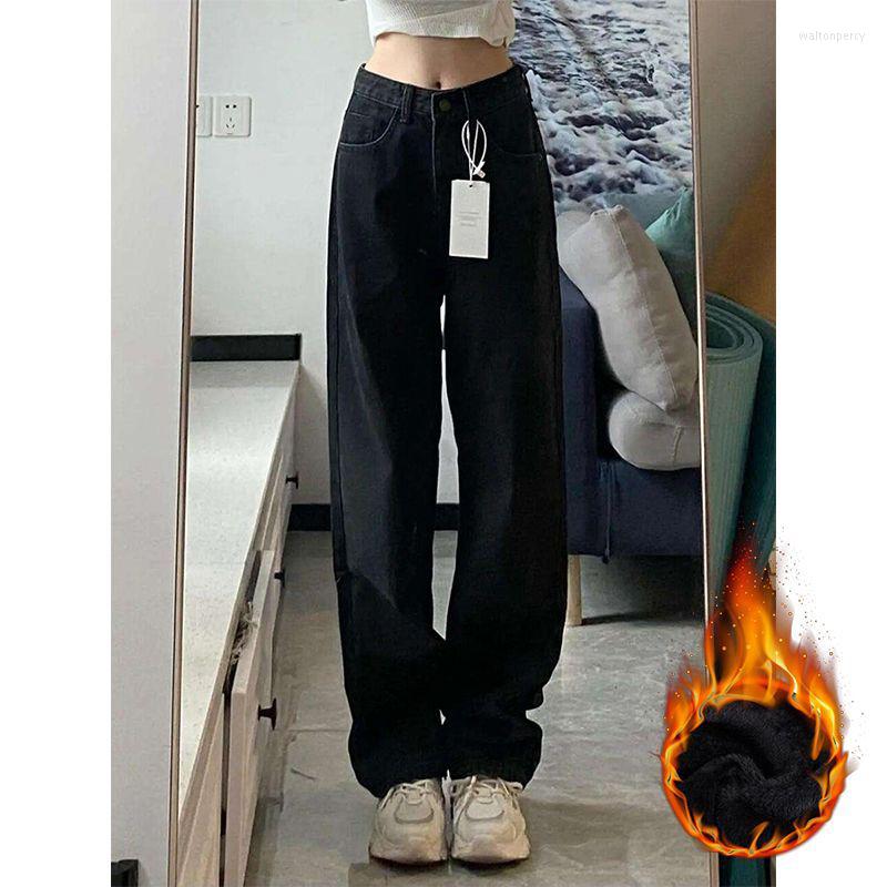 

Women' Jeans Straight Vintage Women' Wide Pants Denim Wool Lining Thickened Black Leg High Waist Loose Fit Versatile