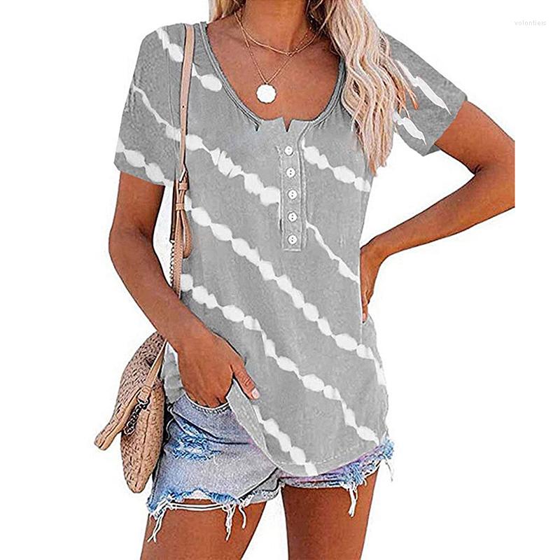 

Women's T Shirts Casual Oversized Shirt Women Fashion Striped Gray Round Neck Tees Summer Short Sleeve Button Tops Streetwear Blouses Black