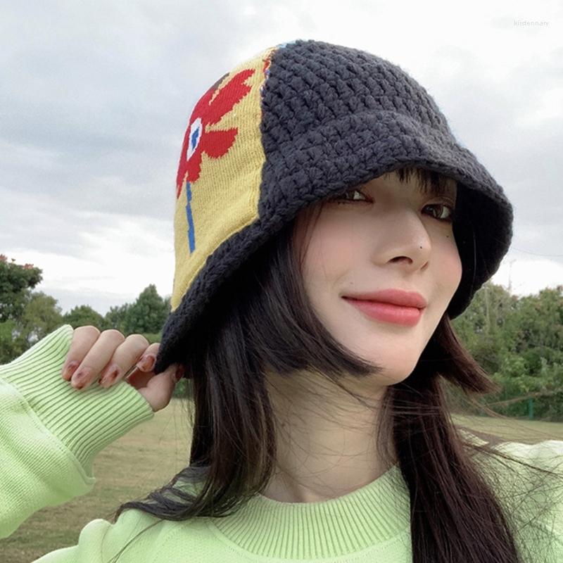 

Berets Fashion Knitted Casual Small Flower Pot Hat Fisherman Bucket, Black