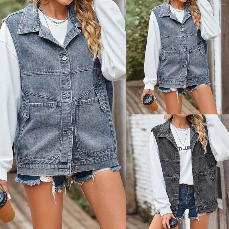 

Women' Vests Denim Women Vest Luxury Turn Down Collar Coat Fashion Ripped Autumn Jeans Jacket Sleeveless Loose Short Causal Waistcoats, Blue