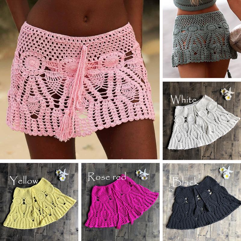 

Swimwear New Sexy Crochet Tassel Beach Skirt Cotton Swimsuit Fused Skirt Casual Beach Running Lace See Through Slim Mini Skirts, Lake green