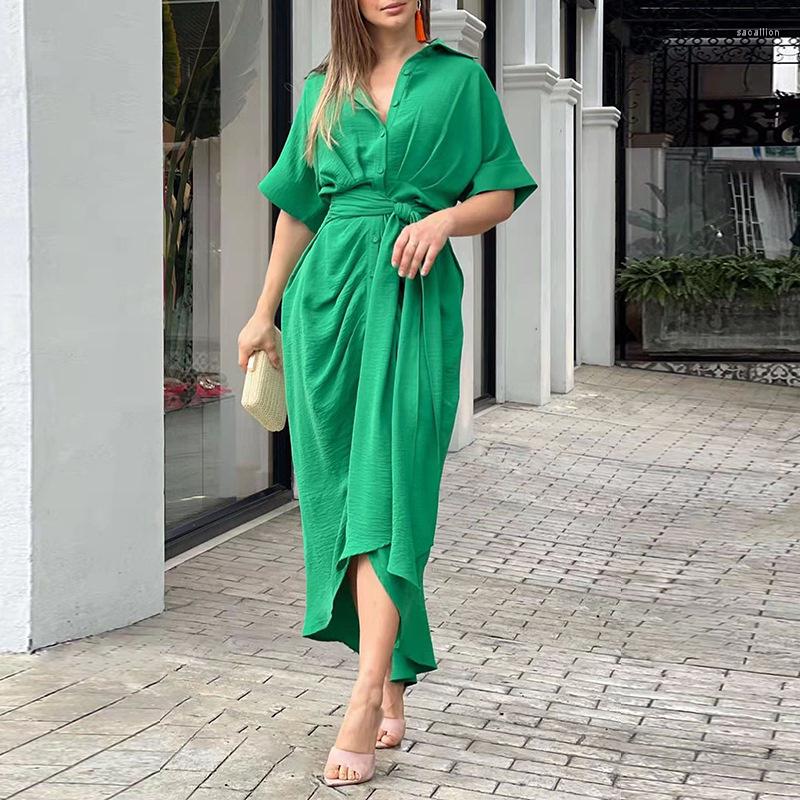 

Party Dresses 2023 Ellafads Women Summer Dress Casual Loose Pleated Design Short Sleeve With Button Lapel Lace-Up Solid Shirt, Green