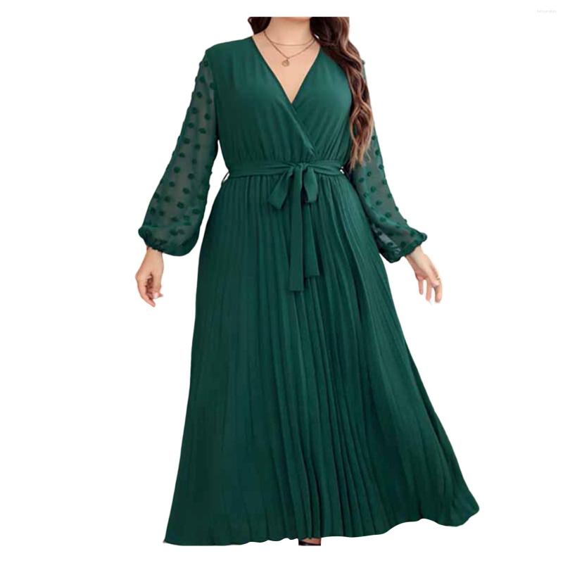 

Casual Dresses Large Size Solid Color Dress V-neck Women's Stitching Long Skirt With Belt 2023 Summer Elastic Waist, Blue
