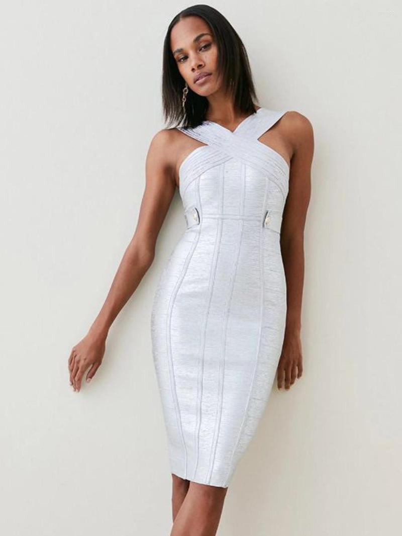 

Casual Dresses Women Silver Gold Bronzing Elastic Bodycon Bandage Dress Elegant Knee Length Formal Evening Party Wedding Guest