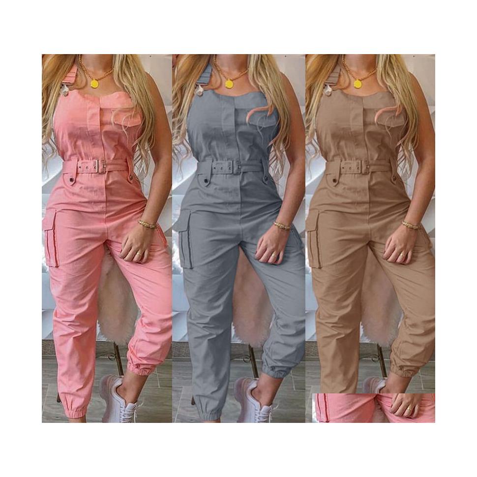 

Women'S Jumpsuits Rompers Womens Bib Overalls Sleeveless Adjustable Straps Cargo Jumpsuit Beam Foot Romper Trousers With Belt Drop Dhimo, Green