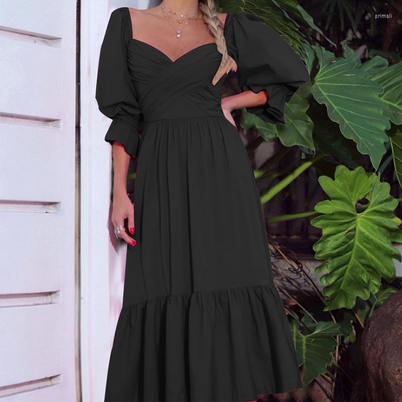 

Casual Dresses 2023 Spring Solid Lantern Sleeve Backless Maxi Women Sexy Off Shoulder Strapless Criss Cross Slim Long Party Dress Lady, Black