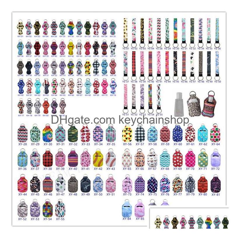 

Keychains Lanyards Customize Neoprene Hand Sanitizer Bottle Holder Keychain Bags Printed Wristlet Soap Lipstick Key Rings Drop Del Dhsb8