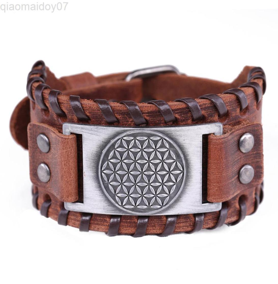 

Skyrim Viking Flower Of Life Ancient Egyptian Symbol Wide Leather Bracelets For Men Jewelry Punk Style Vintage Retro Bracelet L2205480828