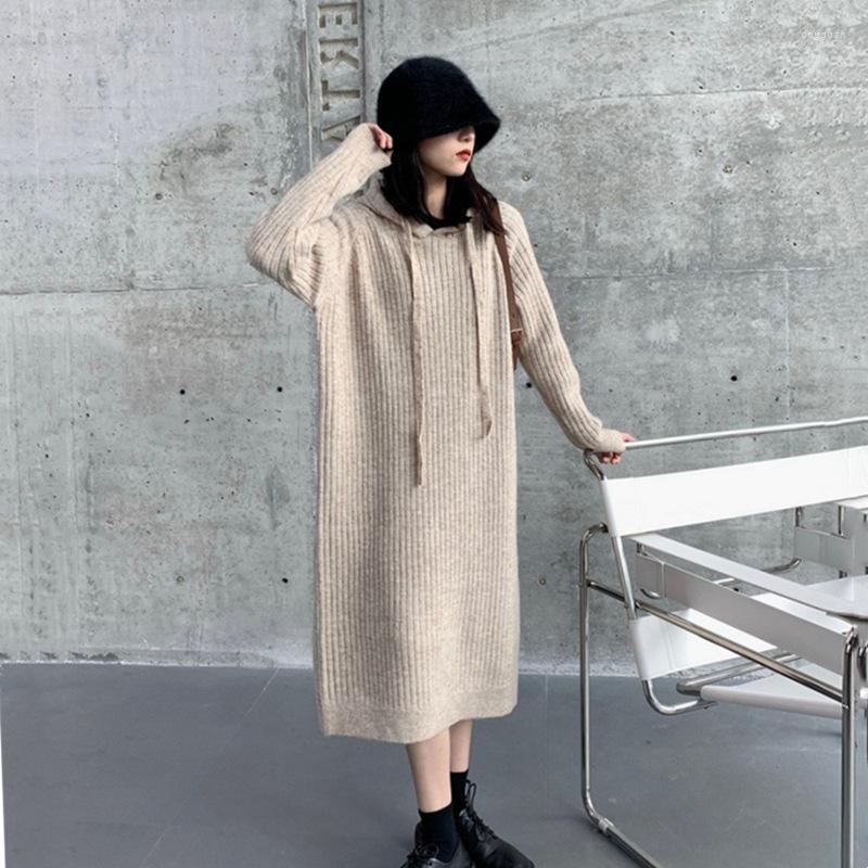 

Casual Dresses Women's Autumn And Winter Loose Slimming Mid-Length Over-the-Knee Thick Knitted Dress Top Hooded Sweater Long, Gray