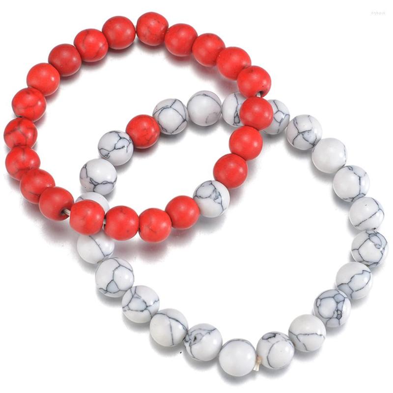 

Strand 2Pcs/Set Beaded Bracelet Natural Stone Beads Gorgeous White Red Turquoise Elastic Bangles For Couples Men Women Jewelry