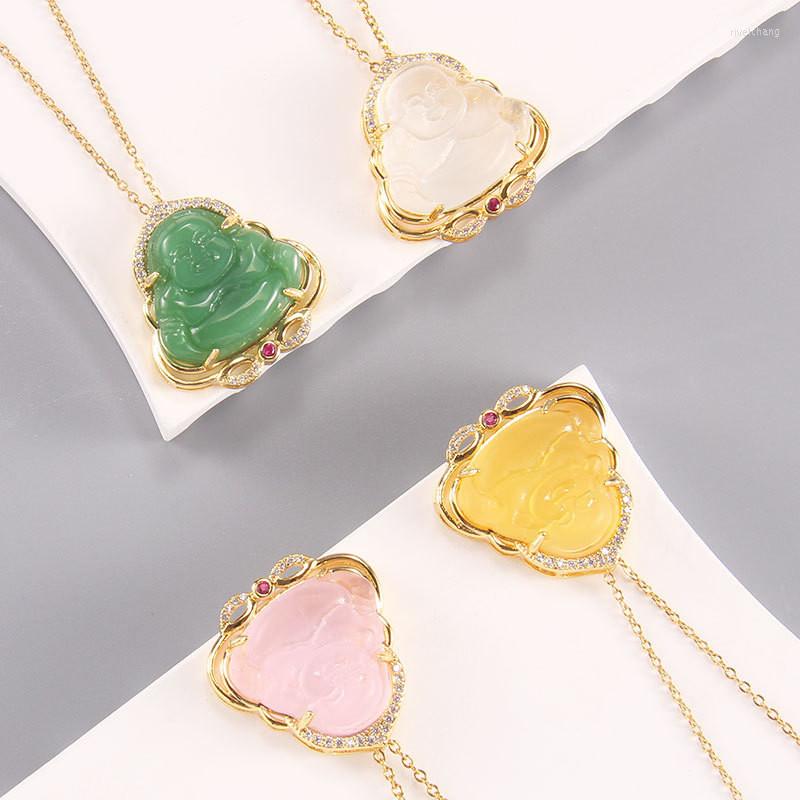 

Pendant Necklaces Light Luxury Buddha Statue Crystal Necklace Stainless Steel Imitation Jade Choker Jewelry Party Gifts For Women Girls