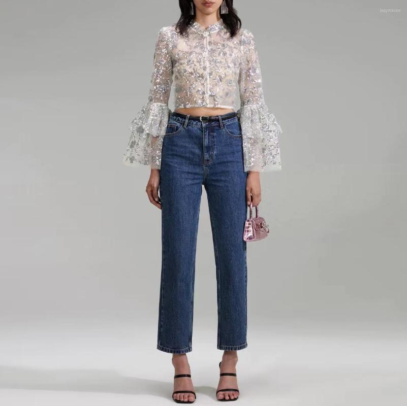 

Women's T Shirts Beaded Embroidered Women's Shirt Top 2023 Long Sleeve Fashion Short Blouse