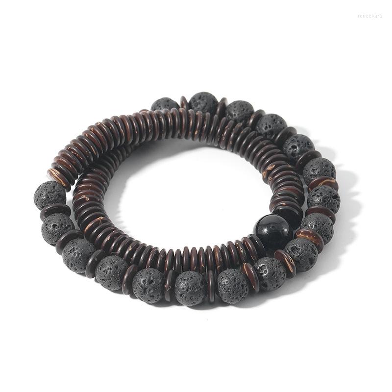 

Strand Natural Wooden Bracelet Homme Black Lava Stone Beaded Braclet Men Accessories Casual Jewelry Double Layered Volcanic Braslet