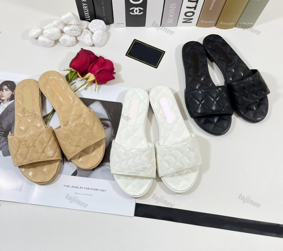 

Designer Luxury Women Slippers Slides Summer Leather Sandals Flip Flops Lady Casual Shoes, White