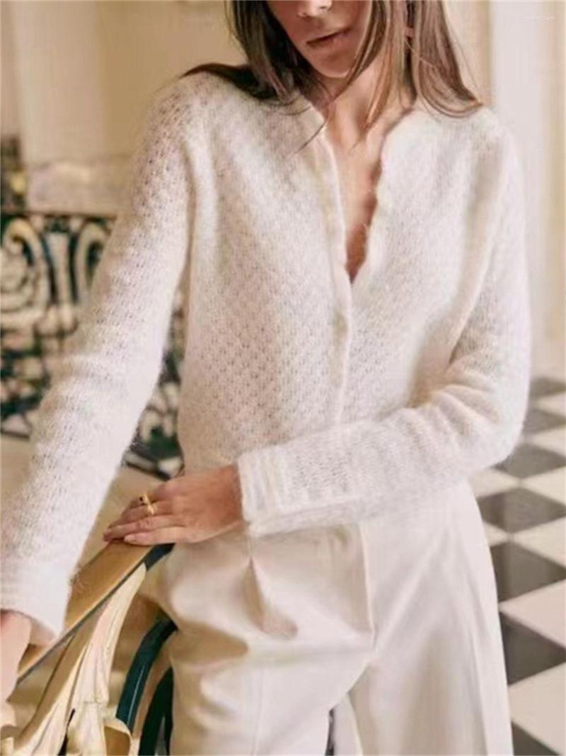 

Women's Knits 2023 Women Wool Mohair Blend Knitted Cardigan Autumn Winter Vintage Elegant Lady Single Breasted V-Neck Crochet Sweater, White
