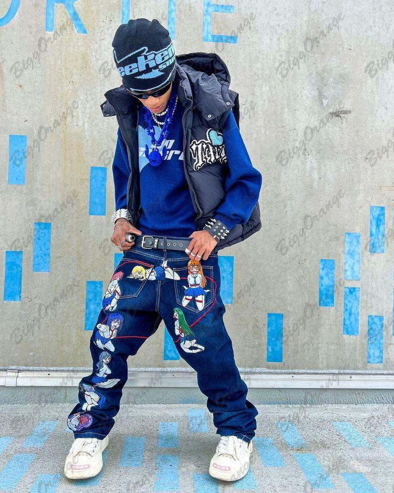 

Men' Jeans Japanese Anime Blue Y2k Men' Baggy Style Pants Minority Loose Casual Trend Korean Street Clothing Hip-hop Printed, Gray