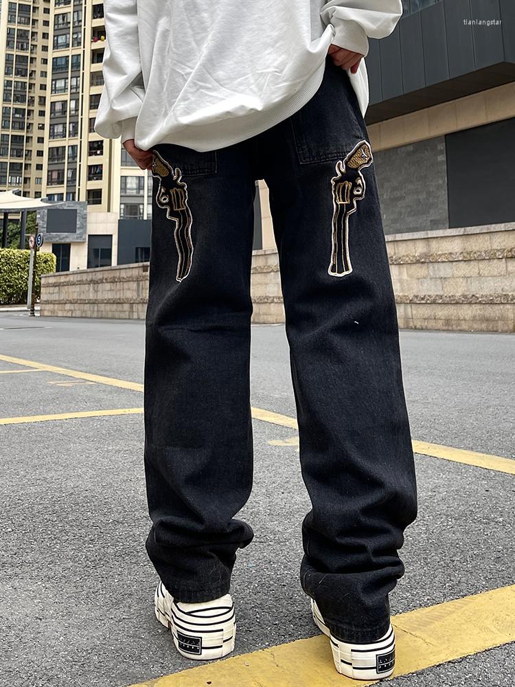 

Men' Jeans Men' Solid Color Y2k Retro Pistol Embroidery Straight Loose Large Size Men And Women' Trend Ins, Black