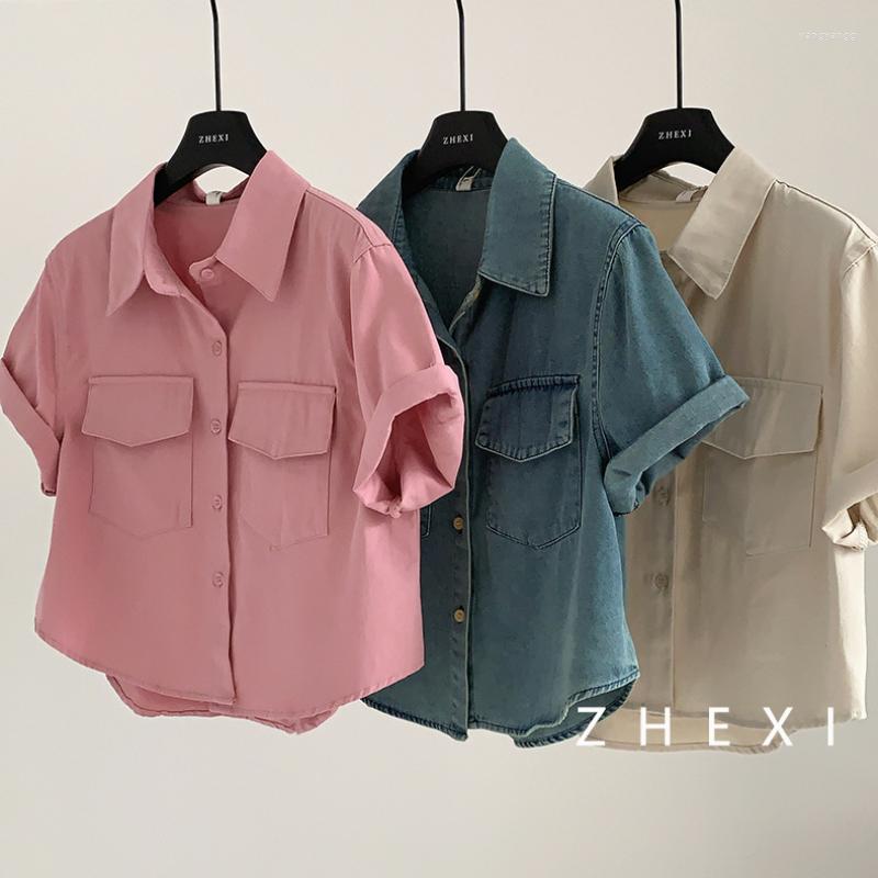 

Women's Jackets Short-sleeved Denim Shirt Short Jacket Women Korean Harajuku Summer 2023 Casual Tops Pink Blue Button Pocket Cardigan