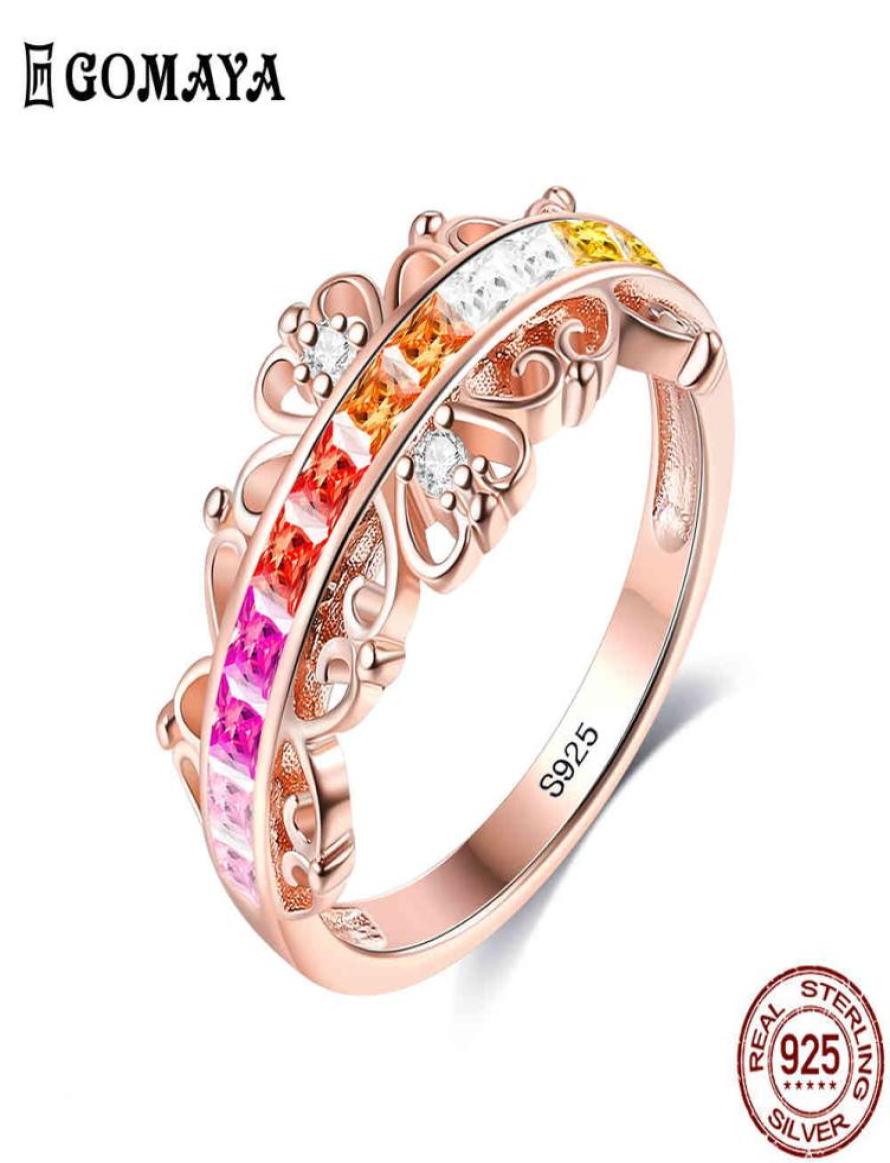 

GOMAYA S925 Sterling Silver Rainbow For Women Cubic Zirconia Crown Pattern Simple Trendy Engagement Rings Fine Jewelry4741723