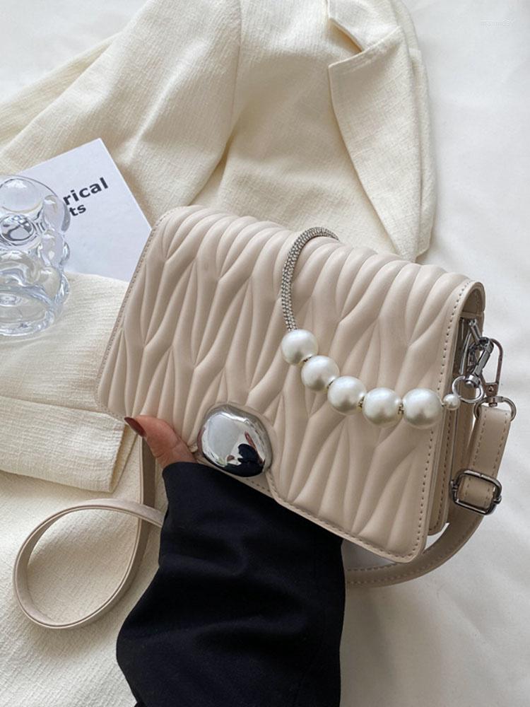 

Evening Bags Luxury Shoulder Bag For Women Pearl Chain Designer Brand Women's Handbag Underarm Female Crossbody Pu Leather Fashion, Beige