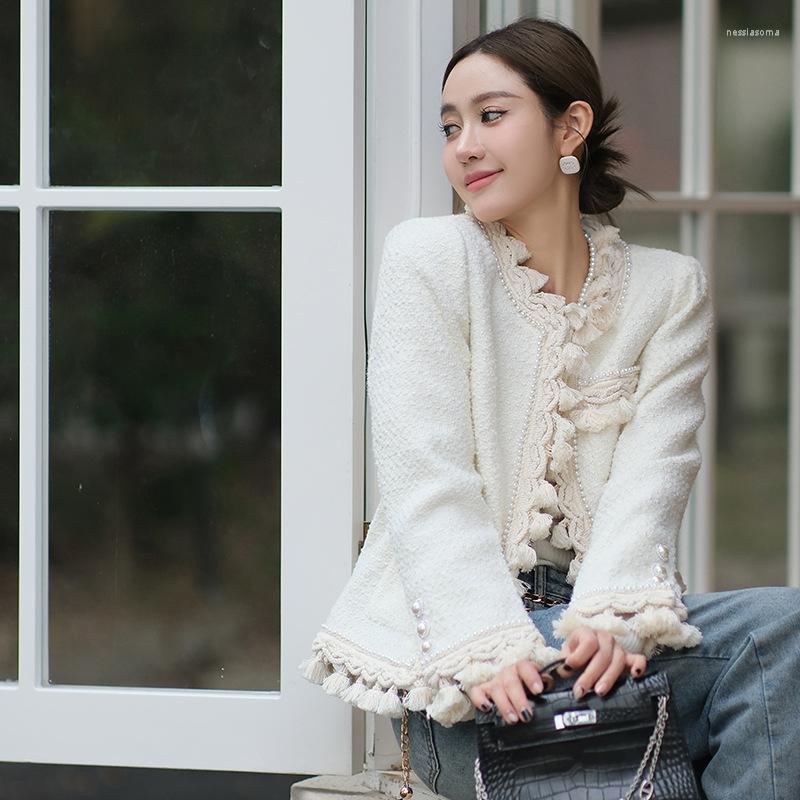 

Women' Jackets Beige Color Fashion Pearl Beading Women Tweed Short Full Sleeves Tassel Patchwork Elegant Formal Office Coats Clothing, White
