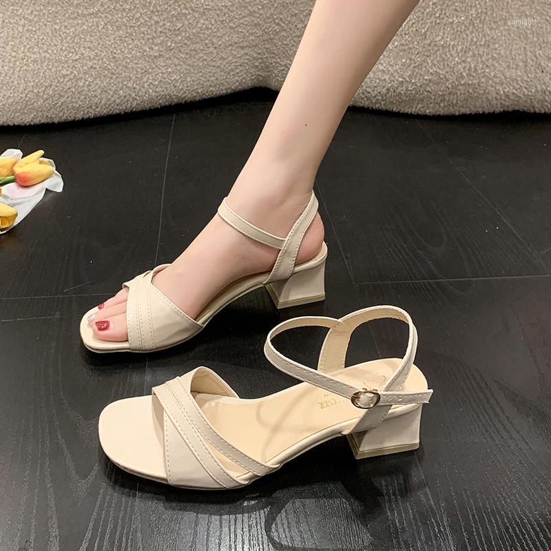 

Dress Shoes Ladies 2023 Fashion Basic Concise Women's High-heeled Summer Simple Buckle Square Heel, Beige
