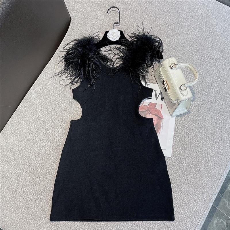 

Casual Dresses Summer Western Style Sweet Feather Edging Scheming Small Sexy Waistless Slim Sleeveless Dress Women Woman DressCasual, Black