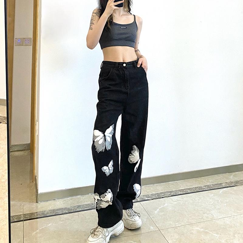 

Women' Jeans 2023 Summer High Waist Straight Casual Fashion Baggy Streetwear Print Jean Long Pants Plus Size, Black