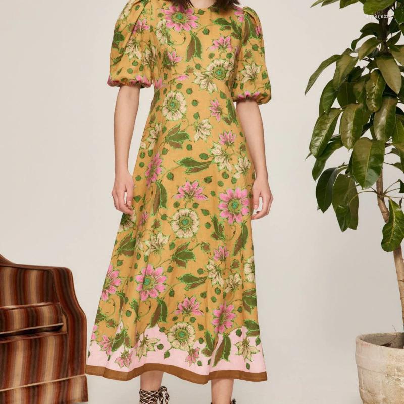 

Casual Dresses Women 2023 Vintage Style Flower Print O Neck Short Sleeve Midi Linen Dress, Multi