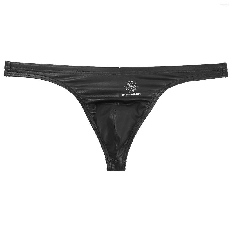 

Men' G Strings Panties Shiny Faux Leather Sexy Bulge Pouch G-string Thongs Low Waist Elastic Waistband T-back Briefs Underwear Swimwear, Black
