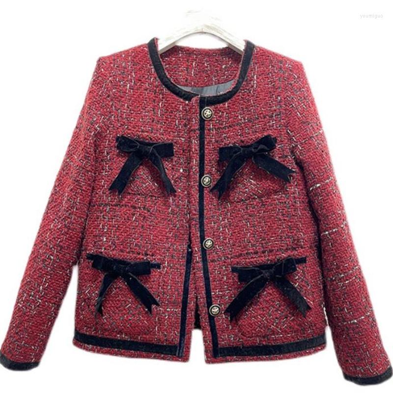 

Women' Jackets Red Single-breasted Casual Fashion Jacket Women Bow Thick Round Neck Tweed Coat, Multi