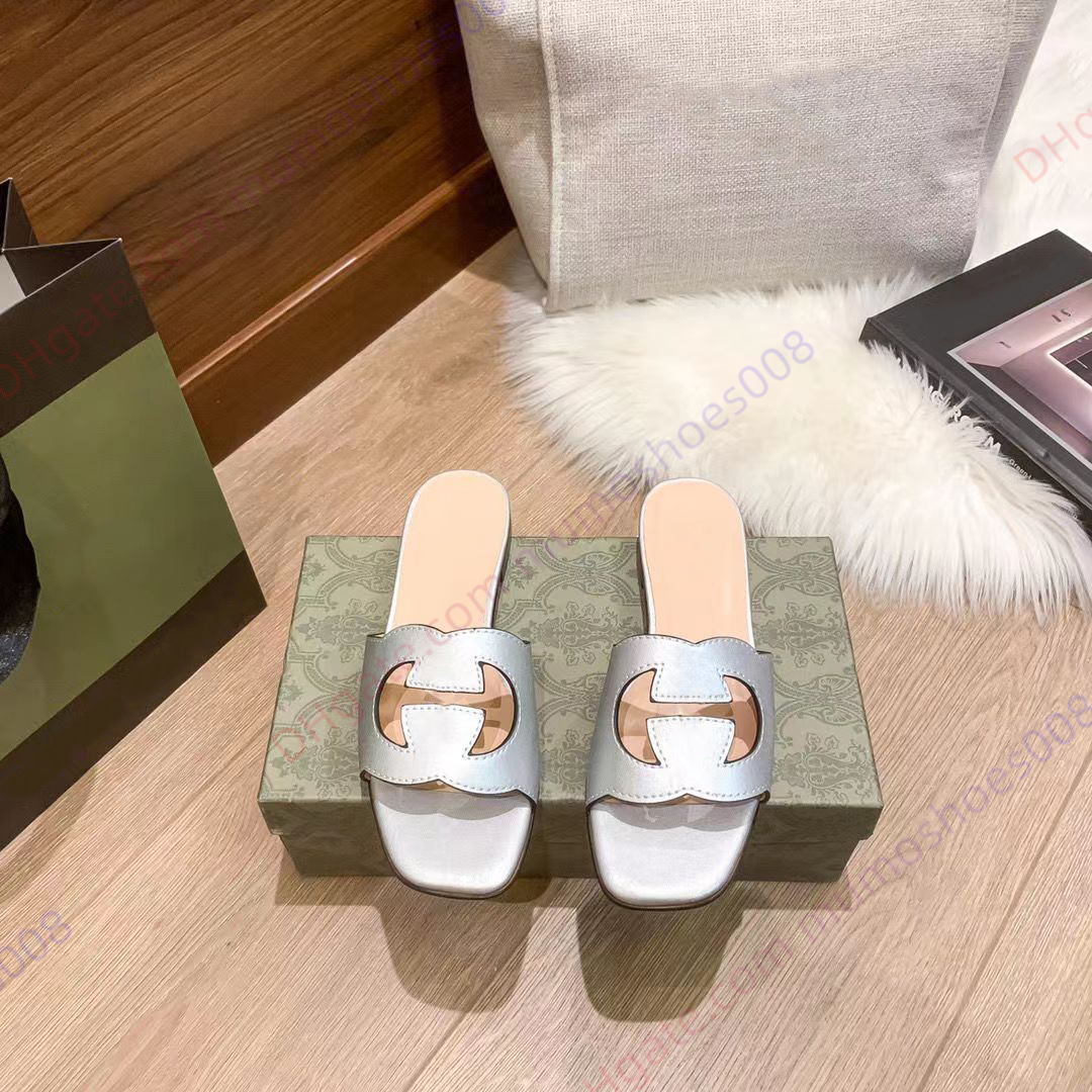 

Women Slippers Interlocking Cut Slide Sandal Fashion Luxury Flat Low Heels Ladies Sandals Leather Peep Toe Hollow Out sandals, White