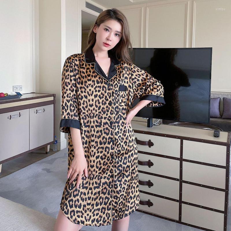 

Women's Sleepwear Sexy Leopard Nightgown Women Summer Nightdress Short Sleeve Mini Shirt Skirt Bathrobe Thin Soft Satin Lady Home Dress