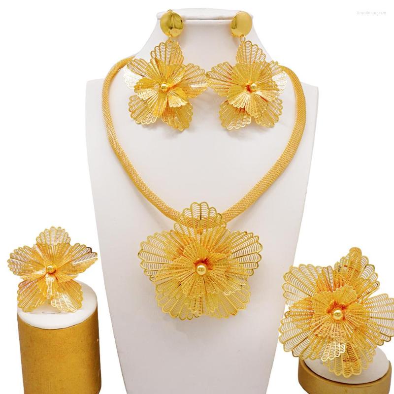 

Necklace Earrings Set Dubai 24K Gold Color Jewelry Rose Flower Design Bracelet For Women Wedding Party Bridal Ring, Picture shown