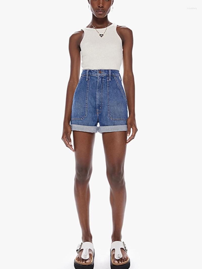 

Women's Shorts Women's Dark Blue Rolled Denim 2023 Summer Ladies Pockets Decorated High Waist Short Jeans All-Match, Denim shorts