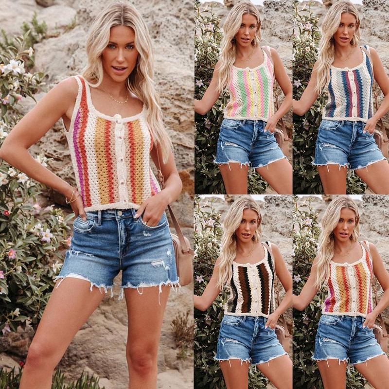 

Camisoles & Tanks 2023 Spring/Summer Women' Combination Contrast Color Knitwear Loose Fashion Strap Tank Top Colorful Sexy, Brown
