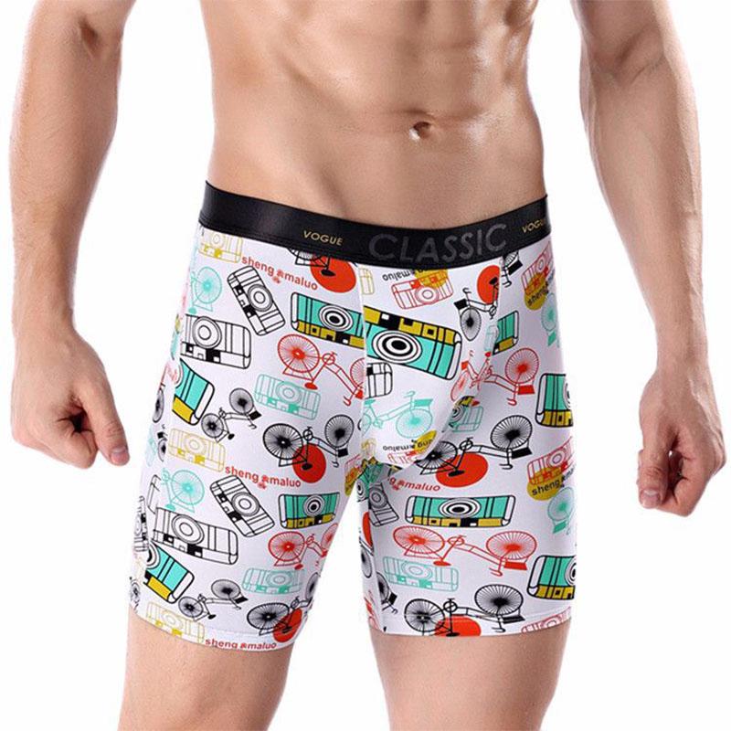 

Underpants 3pcs Men's Sports Lengthened Ice Silk Printed Long Boxer Briefs Running Wear-resistant Legs Plus Size Five-point