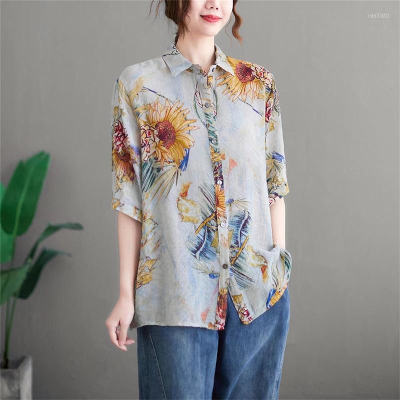

Women's Blouses Woman Spring Summer Style Shirts Lady Casual Half Sleeve Turn-down Collar Flower Printed Blusas Tops DF4884, Yellow