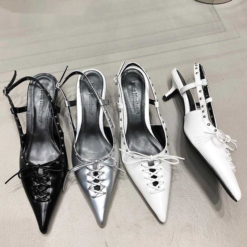 

New Sandals Heeled Shoes for Ladies Slides Female Slingbacks Fashion Pointed Toe Rivet Woman Pumps Medium High Heels 230511, Black