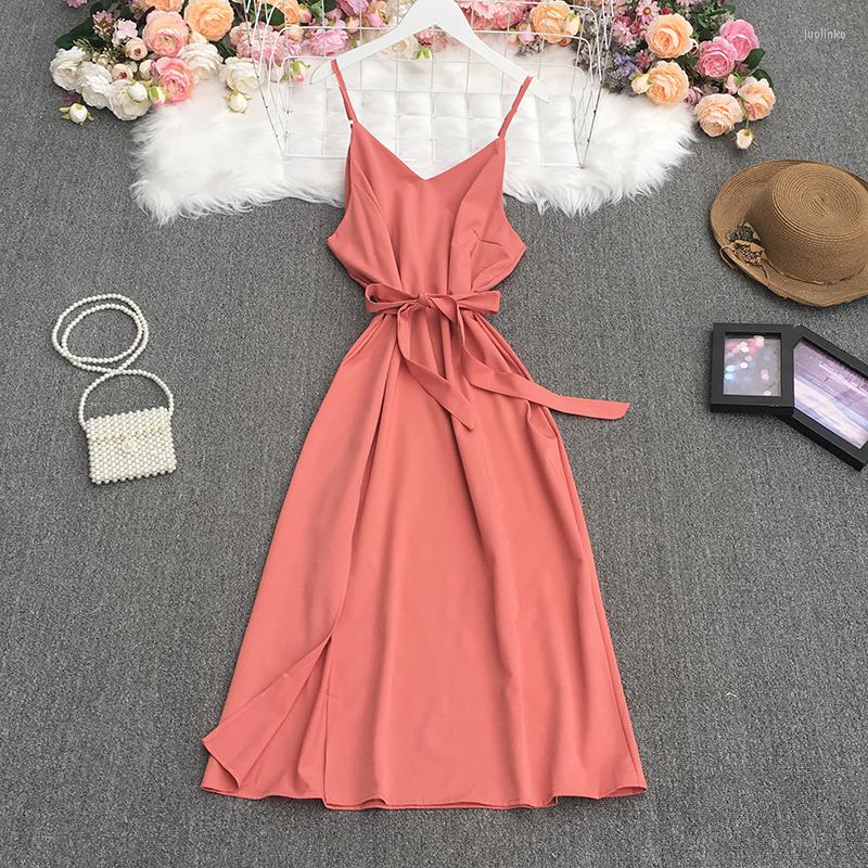 

Casual Dresses Sexy Spaghetti Strap Robe Longue Femme 2023 Fashion Temperament V-neck Sashes Slim A-line Fork Summer Clothes For Women