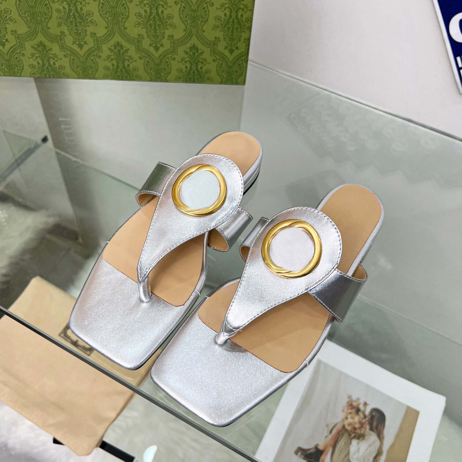 

Summer Women Slipper Sandals Fashion Slides Luxury Metal Letter Flat Heel Real Leather Gladiator Sandles Sliders With Box, #15