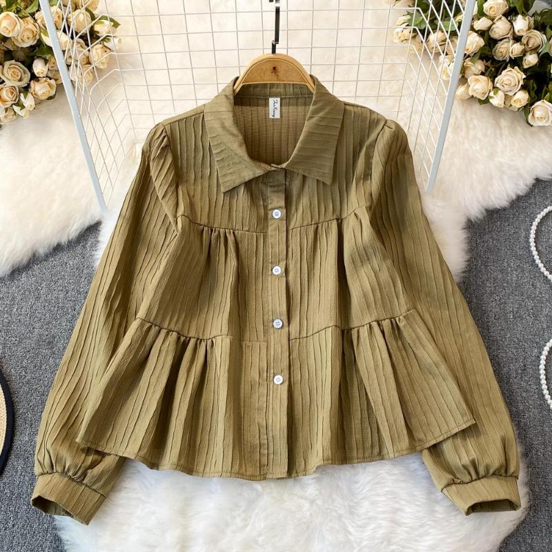 

Women's Blouses Spring Korea Simple Temperament Lapel Ruffle Sense Single-breasted Bubble Sleeve Doll Tops, Apricot