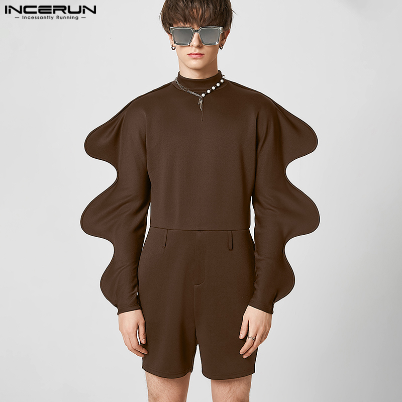 

Men's Shorts Men Rompers Solid Turtleneck Streetwear Long Gigotsleeve Male Jumpsuits Fashion Casual Irregular Playsuits S5XL INCERUN 230512, Brown