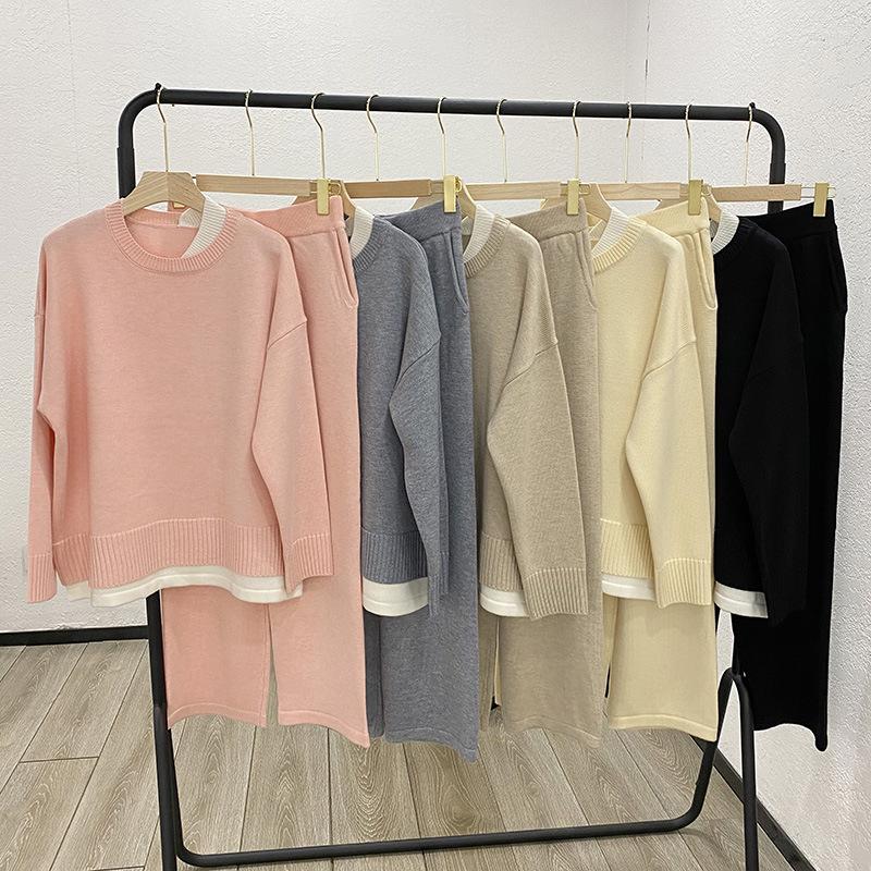 

Women' Two Piece Pants High Quality Autumn And Winter Boarding Set Fake Design Top Knitted Wide Leg Foreign Style, Black